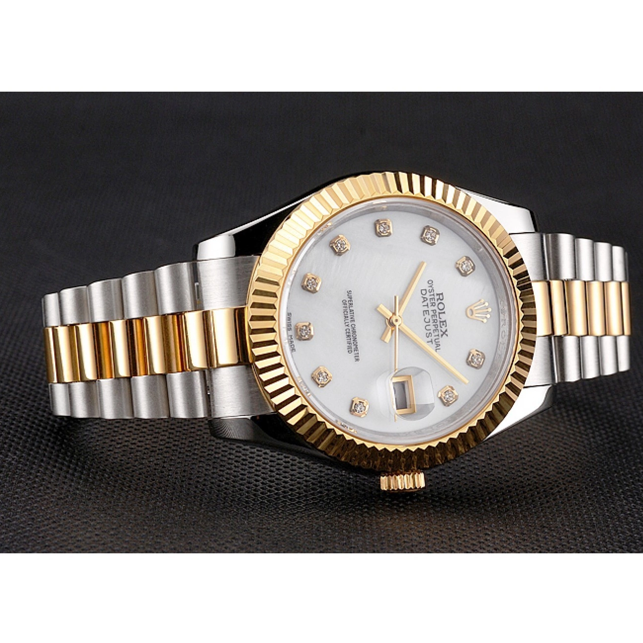 Aaa replica watch Rolex Datejust Case Marks Bracelet Diamond Hour Steel White Stainless Tone Bezel Dial Swiss Gold Two 0729